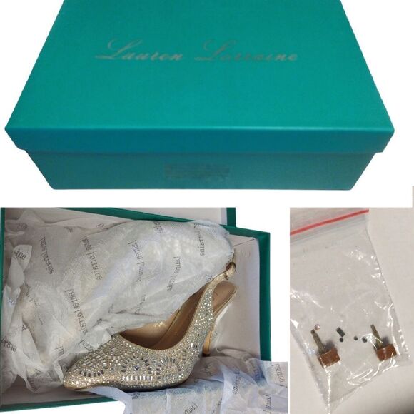 Lauren Lorraine Rachel Nude Crystal Shimmer Sling Back Heels Size 8 NIB - Picture 14 of 16